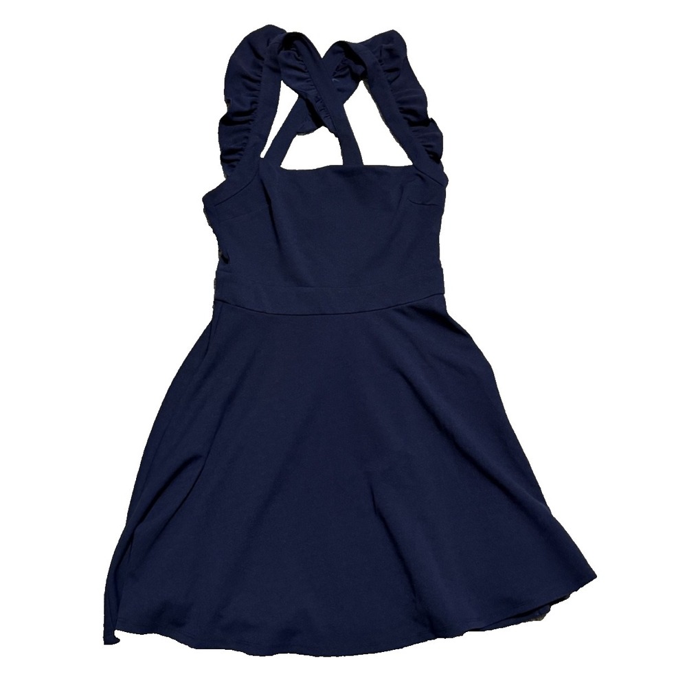 B. Smart Dress Ruffle Straps Criss Cross Back Half Zip Closure Navy Stretch Sz 3